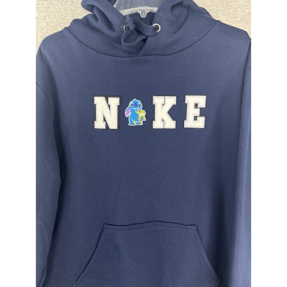 Fit Essentials Stitch Patch Hoodie Mens L Navy‎ Blue Spellout Disney EUC